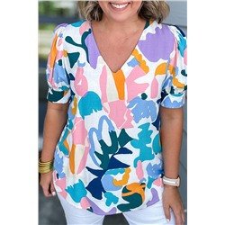 Sky Blue Plus Abstract Print Puff Short Sleeve V Neck Top
