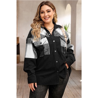 Black Plaid Patchwork Plus Size Corduroy Shacket