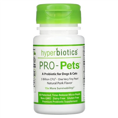 Hyperbiotics, Pro-Pets, Probiotics For Dogs & Cats, Natural Pork, 3 Billion CFU, 60 Patented, Time-Release Micro-Pearls