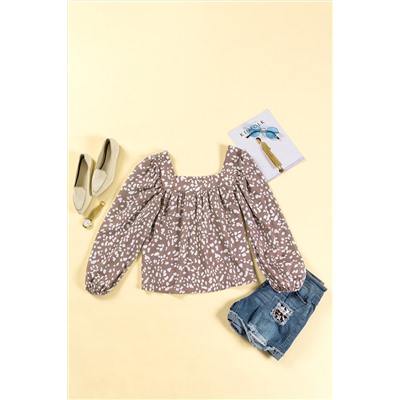 Leopard Square Neck Puff Sleeve Blouse