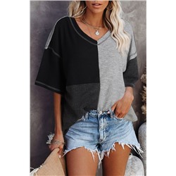 Black Waffle Colorblock Long Sleeve Oversized Top