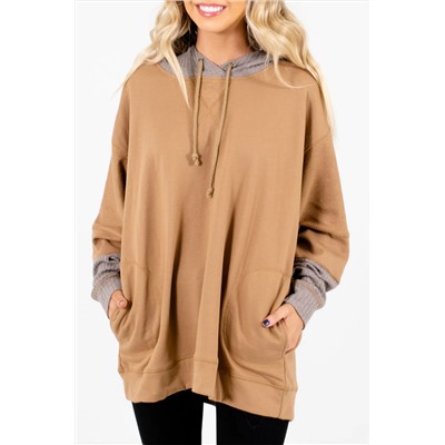 Camel Contrast Hood Patchwork Pocketed Baggy Sweatshirt