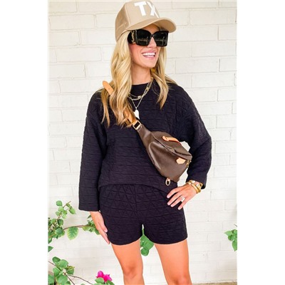 Black Textured Long Sleeve Top Shorts Outfit