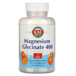 KAL, глицинат магния, 400 мг, натуральный ароматизатор со вкусом апельсина, 120 жевательных таблеток