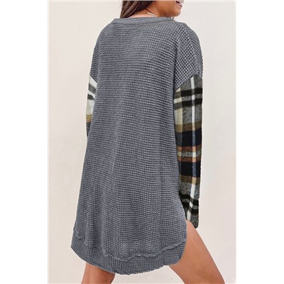 Dark Grey Loose Plaid Patchwork Textured Knit Henley Top