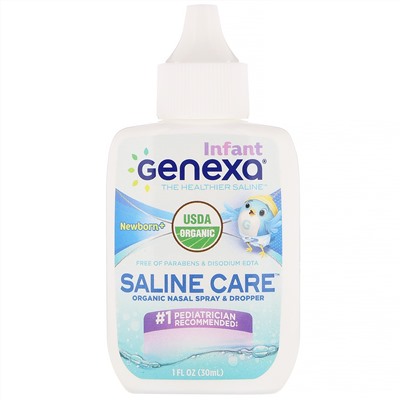 Genexa, Солевой раствор для младенцев, органический назальный спрей и пипетка, для новорожденных и более старших детей, 30 мл (1 жидк. унция)