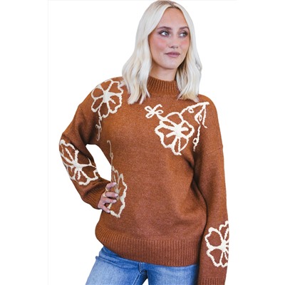 Chestnut Floral Print Ribbed Trim Knitted Sweater