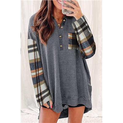 Dark Grey Loose Plaid Patchwork Textured Knit Henley Top