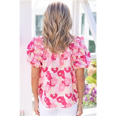 Pink Split Neck Ruffled Puff Sleeves Floral Top