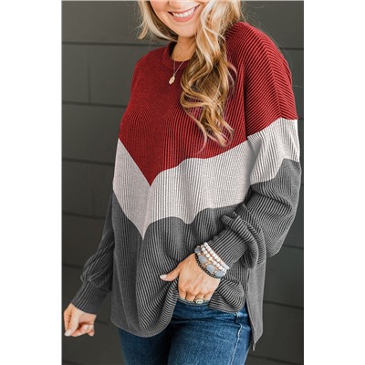 Medium Grey Color Block Corded Texture Long Sleeve Top