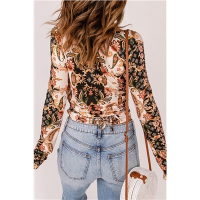 Baroque Print Wrap V Neck Long Sleeve T Shirt