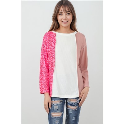 Pink Waffle Knit Exposed Seam Leopard Colorblock Print Top