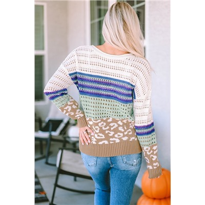 Multicolor Leopard Striped Mix Pattern Knit Crochet Sweater