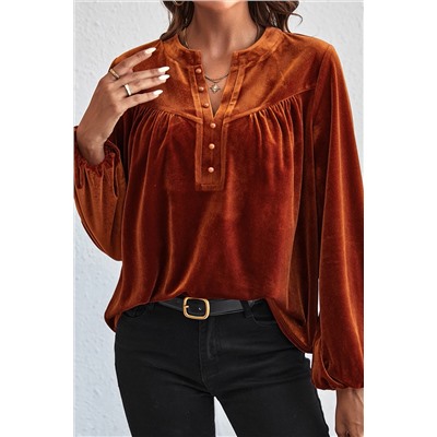 Gold Flame Lantern Sleeve Beaded Split V Neck Velvet Top