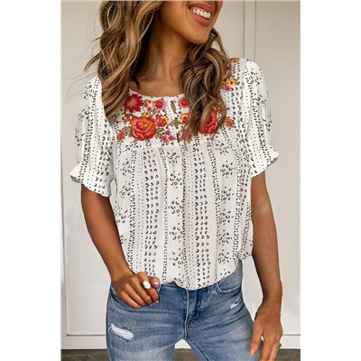 White Floral Embroidered Ethnic Printed Crinkle Blouse