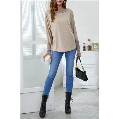 Khaki Contrast Cuffs Batwing Sleeve Loose Top