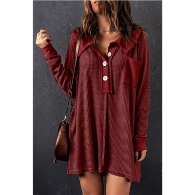 Red Waffle Knit Buttoned Long Sleeve Top