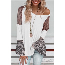 White Sequin Patchwork Bell Sleeve V Neck Tunic Top