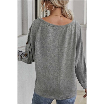 Gray Solid Color Button Decor Dolman Sleeve Top