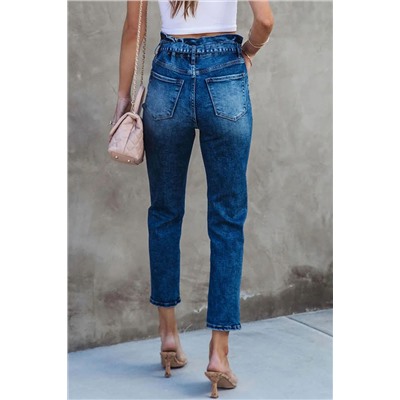 Blue Seamed Stitching High Waist Knot Skinny Jeans