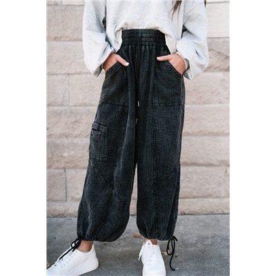 Black Mineral Wash Textured Drawstring Wide Leg Pants