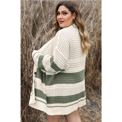 White Plus Size Color Block Cable Knit Buttoned Cardigan