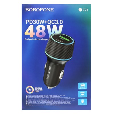 Адаптер Автомобильный Borofone BZ21 Brilliant PD/QC3.0 48W USB/Type-C (black carbon)