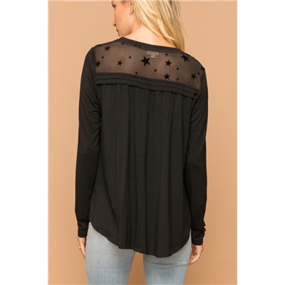 Black Star Mesh Yoke Draped Detail Blouse