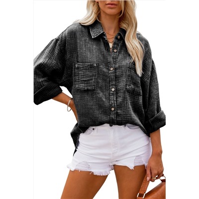 Black Mineral Wash Crinkle Textured Chest Pockets Shirt