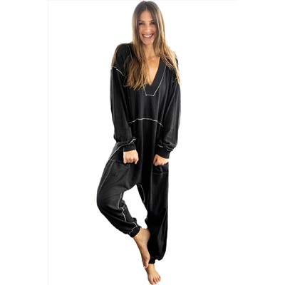 Black Flatlock Seam Detail V Neck Baggy Jumpsuit