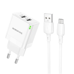 Адаптер Сетевой с кабелем Borofone BN15 Strong (повр. уп.) USB 2,1A/10,5W (USB/Micro USB) (white)