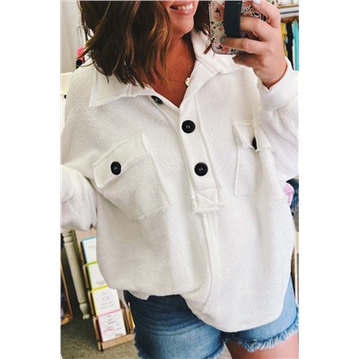 White Plus Size Long Sleeve Flap Pocket Henley Top