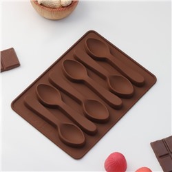 Форма для шоколада Доляна «Ложечки», силикон, 18×12×1,2 см, 6 ячеек (9,8×2,3 см), цвет коричневый