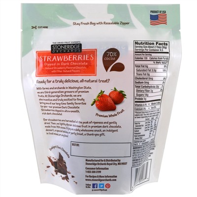 Stoneridge Orchards, клубника в черном шоколаде, 70% какао, 142 г (5 унций)