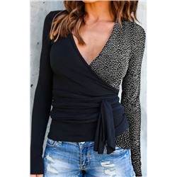 Black Contrast Printed Tie Side Wrapped Long Sleeve Top