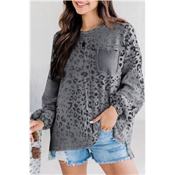 Gradient Leopard Print Waffle Knit Long Sleeve Top