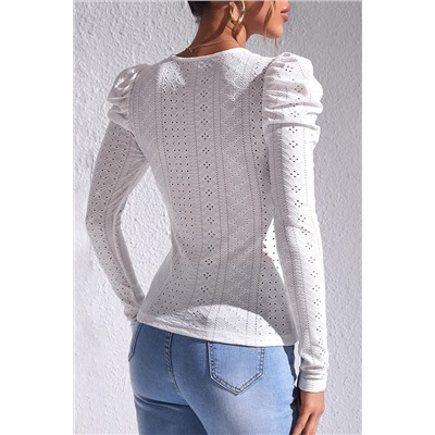 White Jacquard Textured Puff Sleeve O-Neck Top