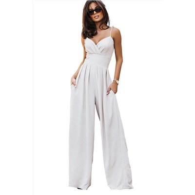 Beige Spaghetti Straps Pleated High Waist Wide Leg Jumpsuit