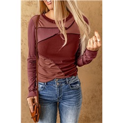 Red Exposed Seam Color Block Ribbed Knit Top