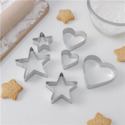Набор форм для вырезания печенья Доляна «Сердце, звёздочка», 6 предметов, 7×13×1,5 см, цвет серебряный
