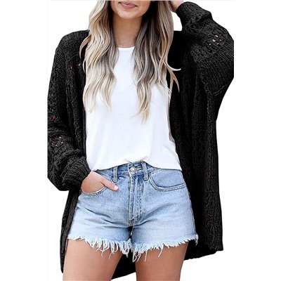 Black Casual Hollowed Knit Dolman Sleeve Cardigan