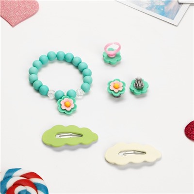 Комплект детский «Выбражулька» 5 предметов: 2 заколки, клипсы, браслет, кольцо, цветы, цветной