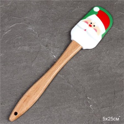 Лопатка кулинарная силиконовая 25,5 см с деревянной ручкой/ K-700 /уп 200/Новогодняя/0,045