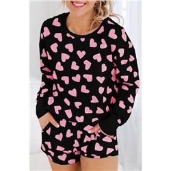 Black Valentine Heart Shape Print Long Sleeve Top Shorts Lounge Set