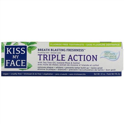 Kiss My Face, Triple Action Toothpaste with Tea Tree Oil, Iceland Moss & Xylitol, Fluoride Free, Fresh Mint Paste, 4.1 oz (116.2 g)