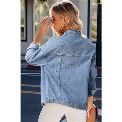 Mist Blue Rhinestones Studded Denim Jacket