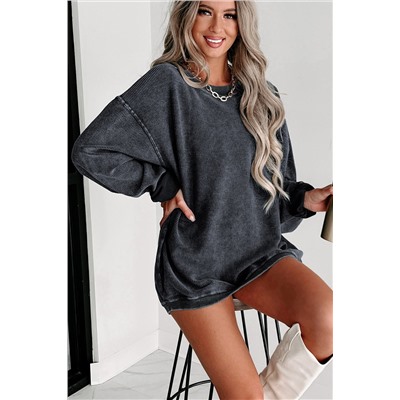 Gray Solid Ribbed Knit Round Neck Pullover Sweatshirt