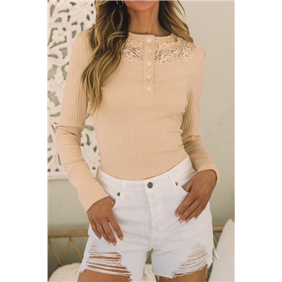 Apricot Lace Patchwork Ribbed Half Buttoned Bodysuit