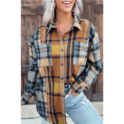 Brown Plaid Color Block Buttoned Shirt with Pockets