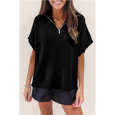 Black Quarter Zip Short Batwing Sleeve Sweater